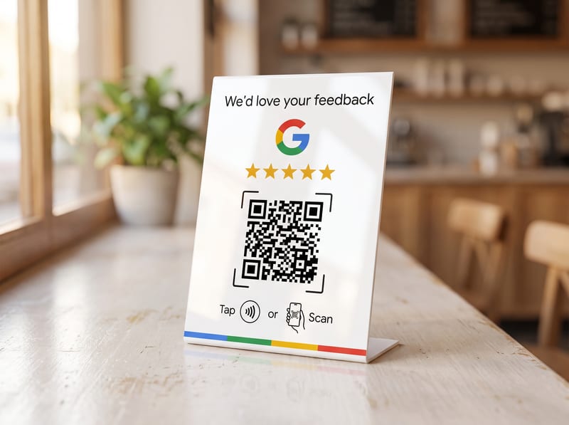 A small white upright counter stand on a cafe counter, showing the words "We’d love your feedback", the Google logo, five gold stars, a large QR code, and a bottom row reading "Tap or Scan" with a contactless symbol and a phone icon.