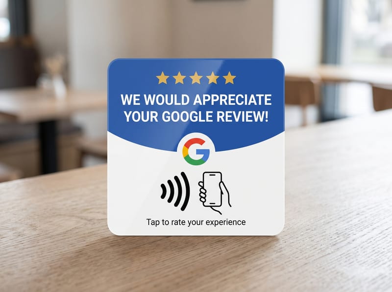 A square contactless review card standing on a cafe table. A blue panel across the top carries five gold stars and the words "We would appreciate your Google review", and the white lower half shows the Google logo, a contactless symbol beside a hand holding a phone, and the line "Tap to rate your experience".