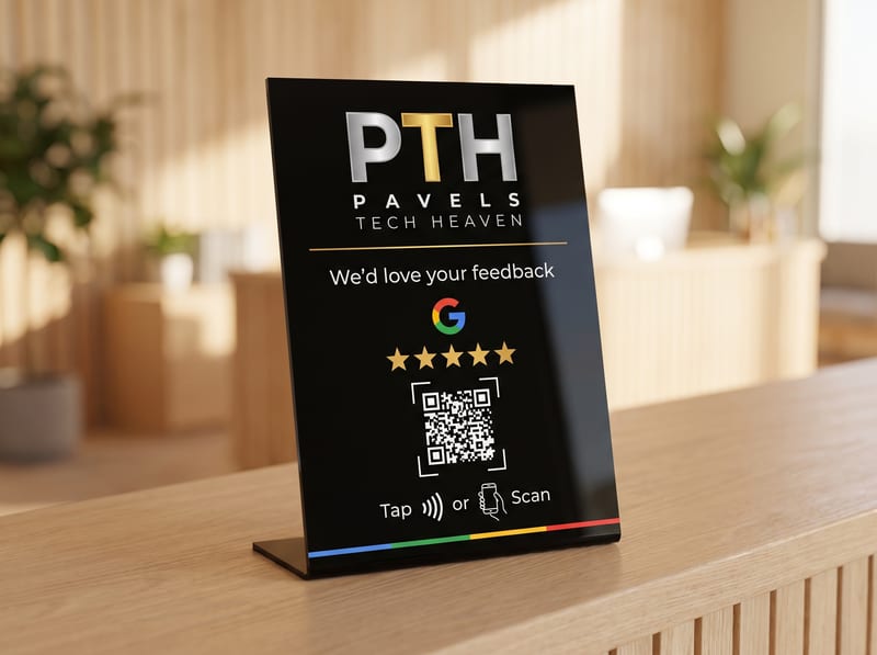 A black upright counter stand on a reception desk, branded at the top with the Pavels Tech Heaven logo above a gold rule, then the words “We’d love your feedback”, the Google logo, five gold stars, a large QR code, and a bottom row reading “Tap or Scan” with a contactless symbol and a phone icon.